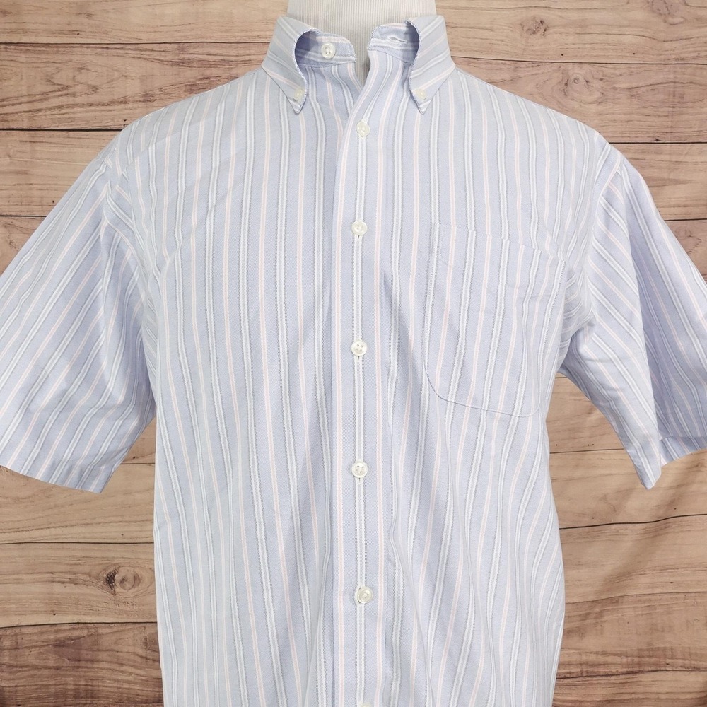 L.L. Bean Dress Shirt Mens 17 Classic Blue Stripe Wrinkle Resistant Short Sleeve